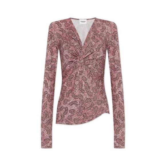 Isabel Marant  Lyss Graphic Printed Gathered Top in Antik Pink Black 40 US 8 - Picture 5 of 5